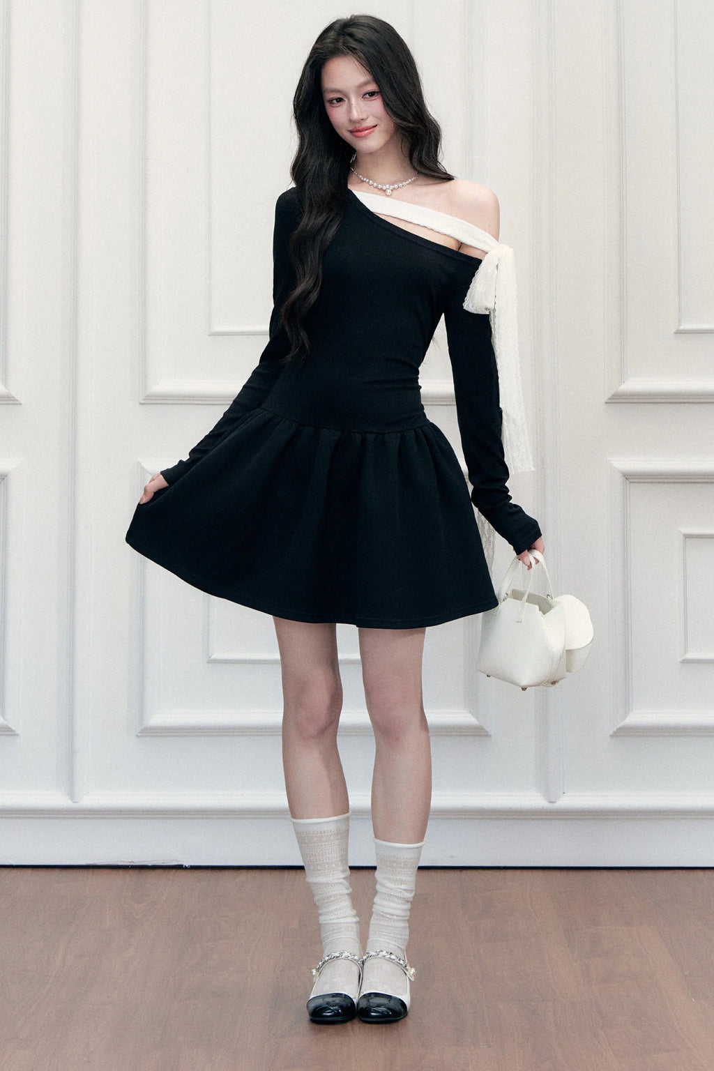 Asymmetrical One-Shoulder Tie Strap Black Dress