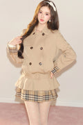 Double-Breasted Plaid Trench Coat and Skirt Set-Up