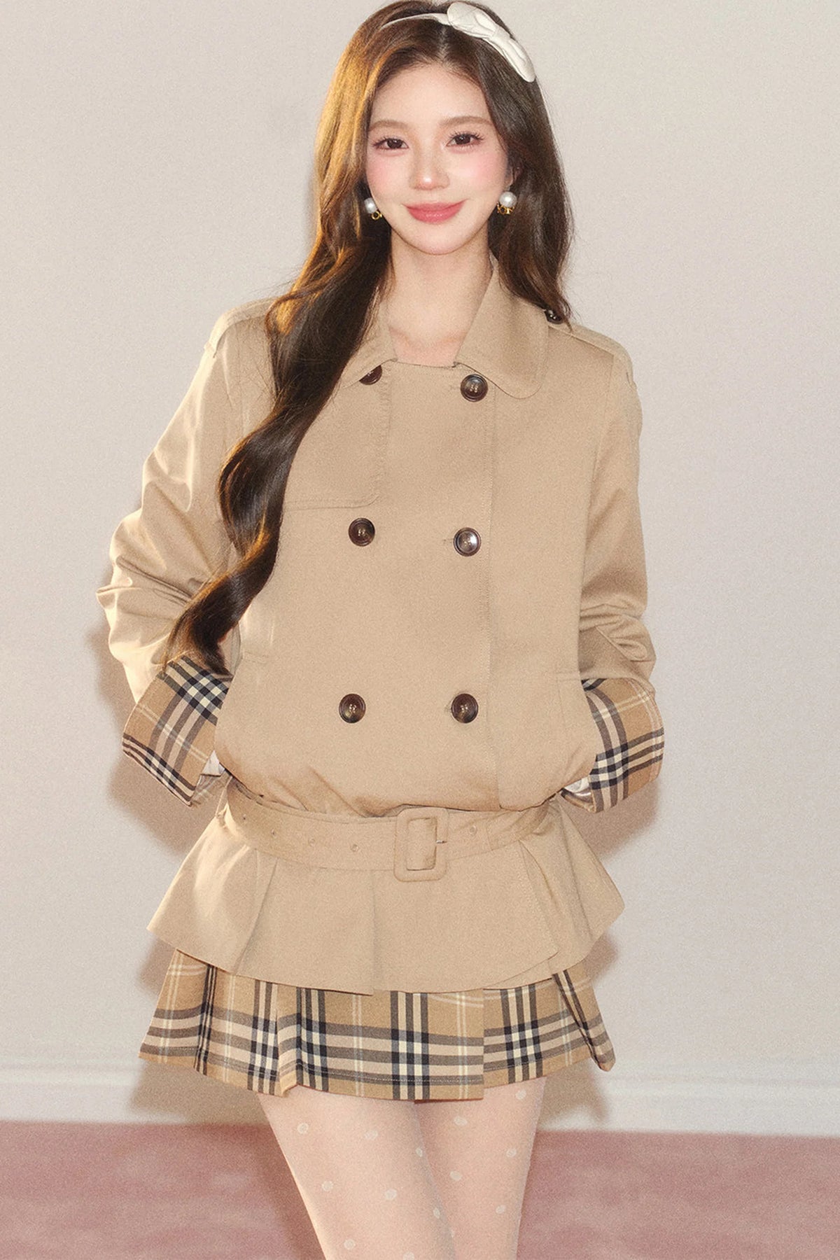 Double-Breasted Plaid Trench Coat and Skirt Set-Up