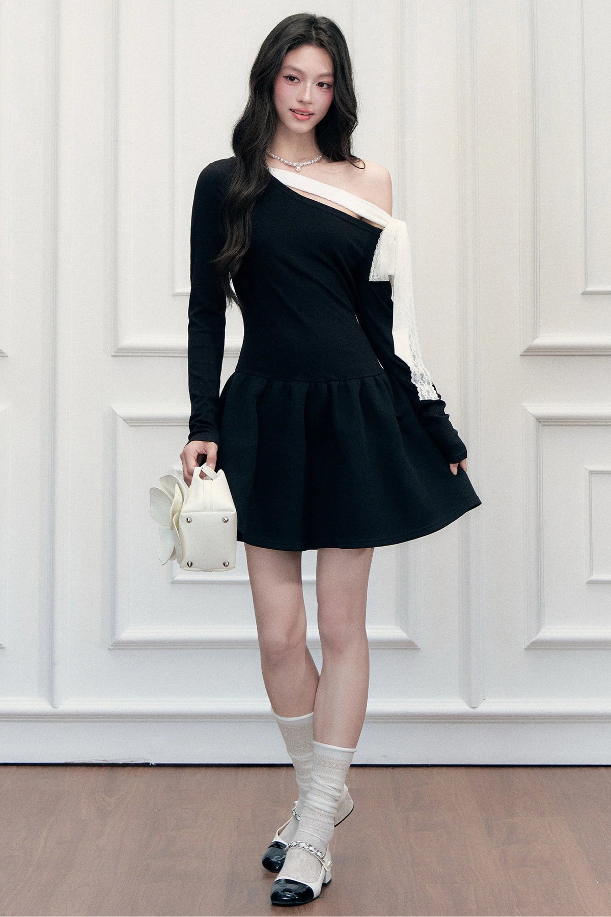 Asymmetrical One-Shoulder Tie Strap Black Dress