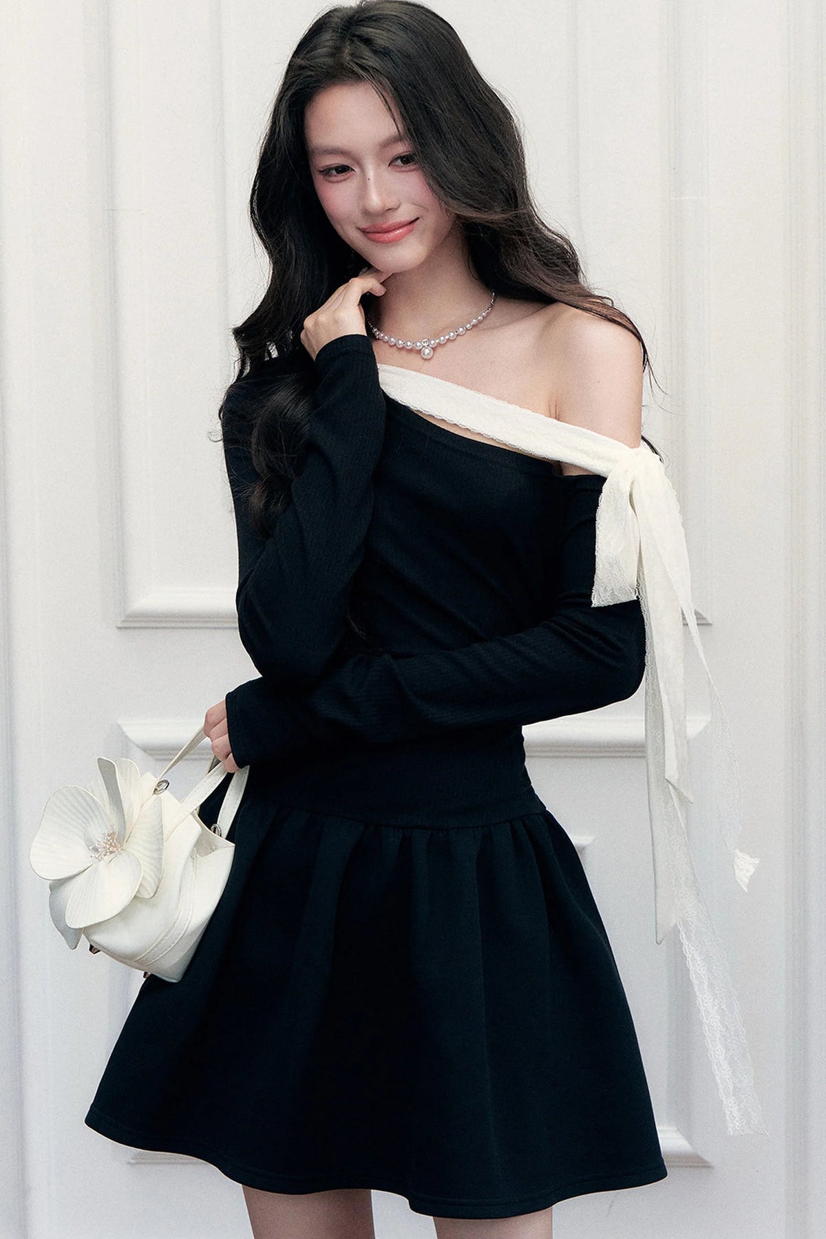 Asymmetrical One-Shoulder Tie Strap Black Dress