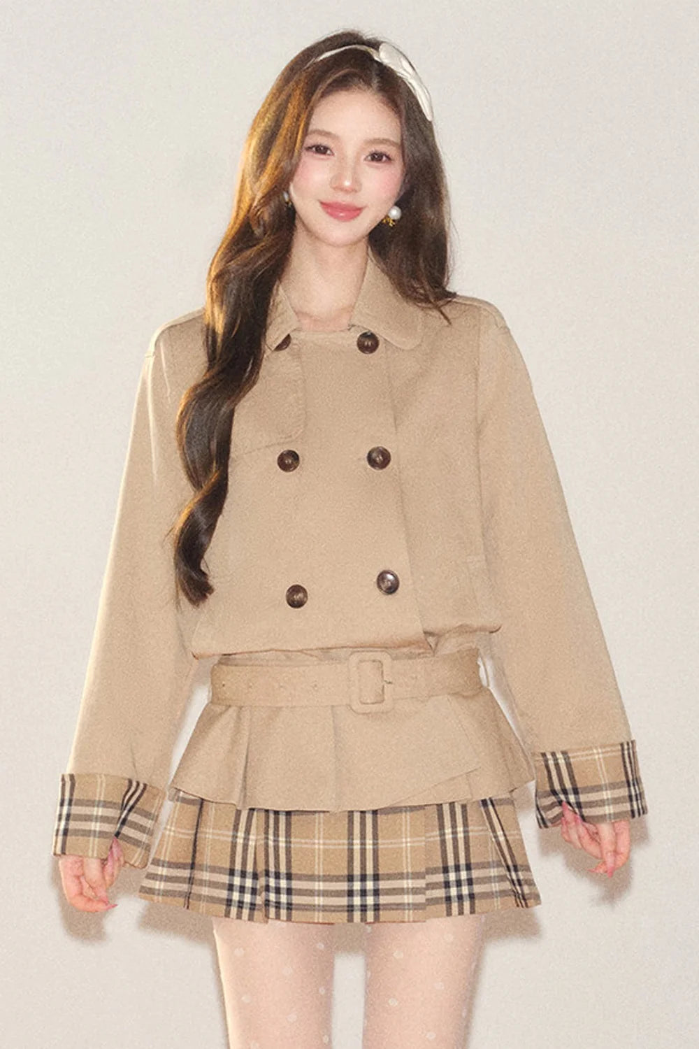 Double-Breasted Plaid Trench Coat and Skirt Set-Up