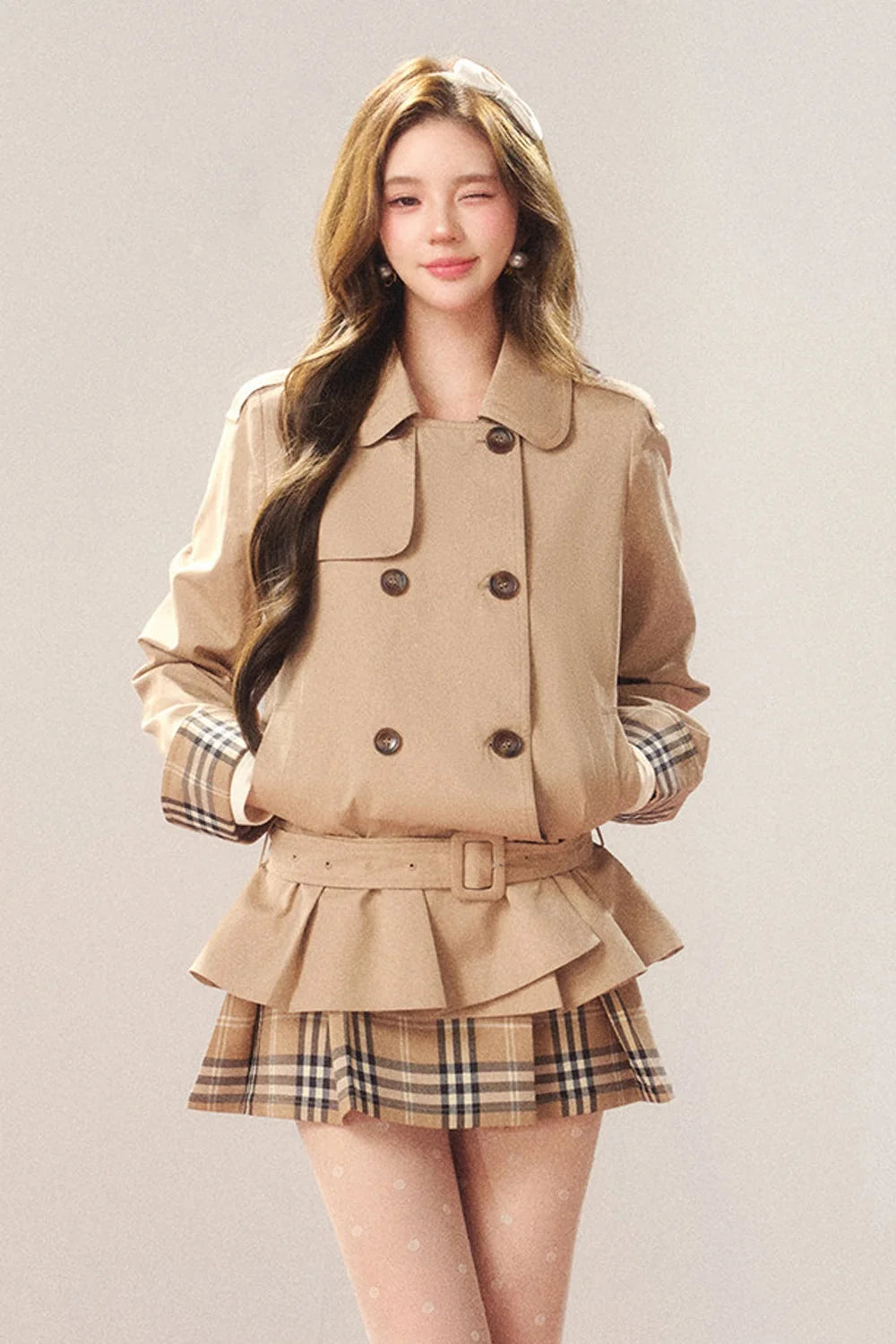 Double-Breasted Plaid Trench Coat and Skirt Set-Up