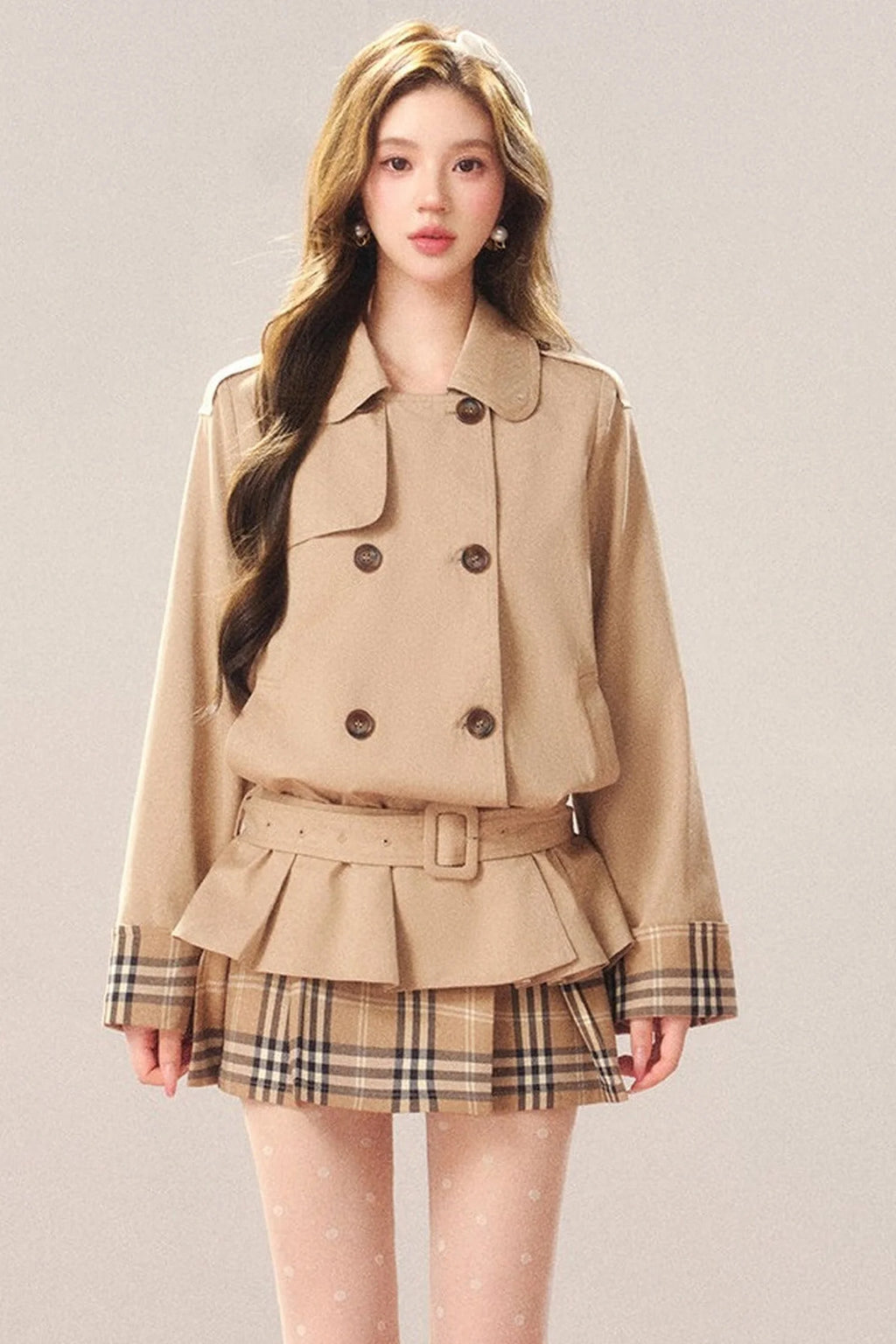 Double-Breasted Plaid Trench Coat and Skirt Set-Up