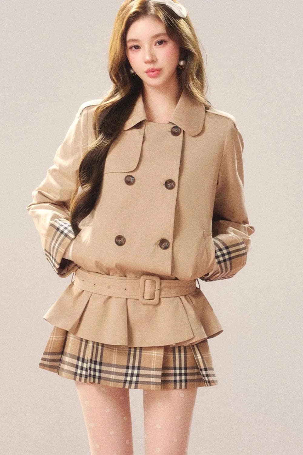 Double-Breasted Plaid Trench Coat and Skirt Set-Up
